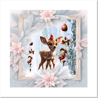 Cute fawn with bird in a winterlandscape Posters and Art